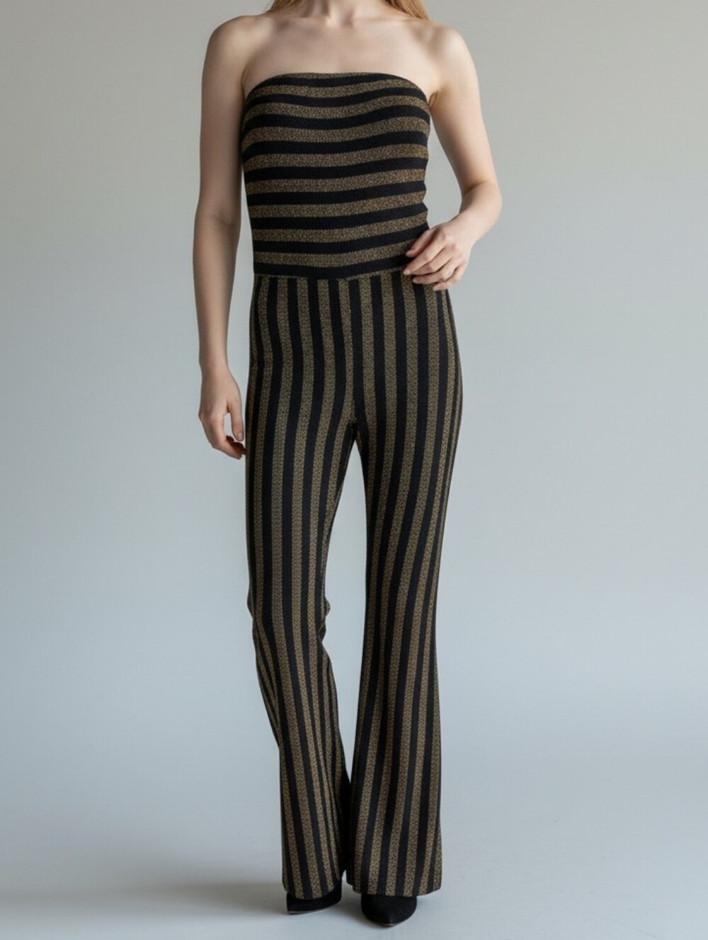 Vintage Flared Leg Jumpsuit Black and Metallic Bronze Stripes Tube Top Bodycon